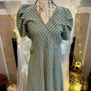Elagantees Green/ White Striped Dress. Small. New with Tags. 95% Cotton.